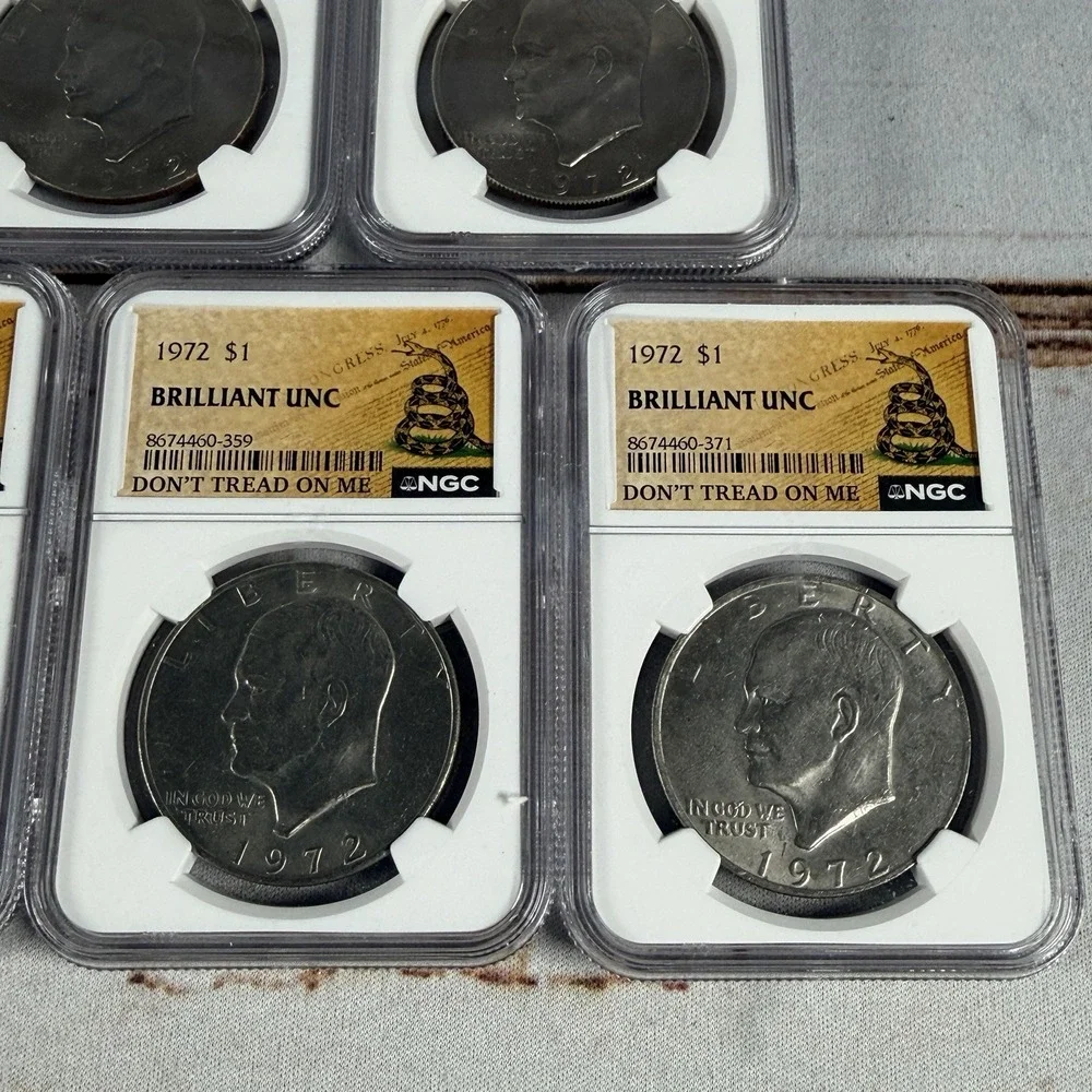 (5) 1972 Eisenhower Dollar Type 2 NGC Brilliant Unc (Don't Tread on Me Label)